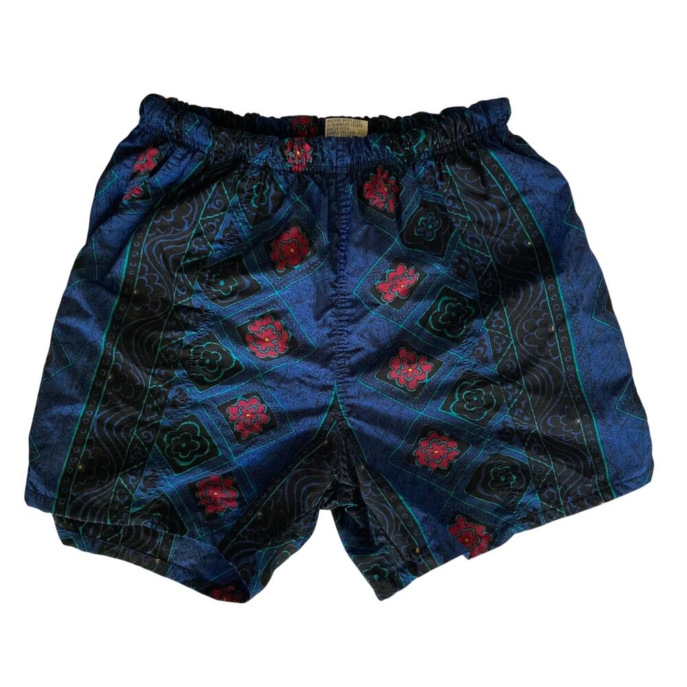 Vintage Wave Runner Shorts Womens 8 Navy Floral Mesh Lined Elastic Swim Beach